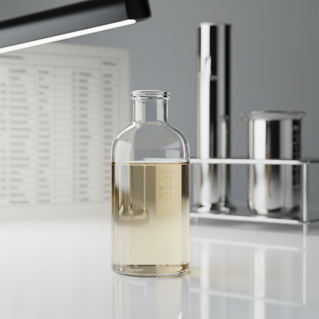 A refined product spotlight of a transparent, laboratory-grade glass sample bottle filled with clear, pale straw-colored diesel (EN590), placed on a glossy white surface. Behind it, softly blurred, stand stainless steel lab instruments and a neutral-toned technical chart on fuel specifications, hinting at rigorous quality control. Cool, balanced studio lighting from above and slightly to the side creates crisp reflections on the glass, emphasizing purity and clarity of the fuel. The atmosphere is clinical, precise, and trustworthy. Captured in close-up with a shallow depth of field, the bottle is centered and sharply focused, while the background gently recedes into soft bokeh. Photographic realism with a minimalist, institutional-grade aesthetic that underscores reliability and product quality without any branding or people.