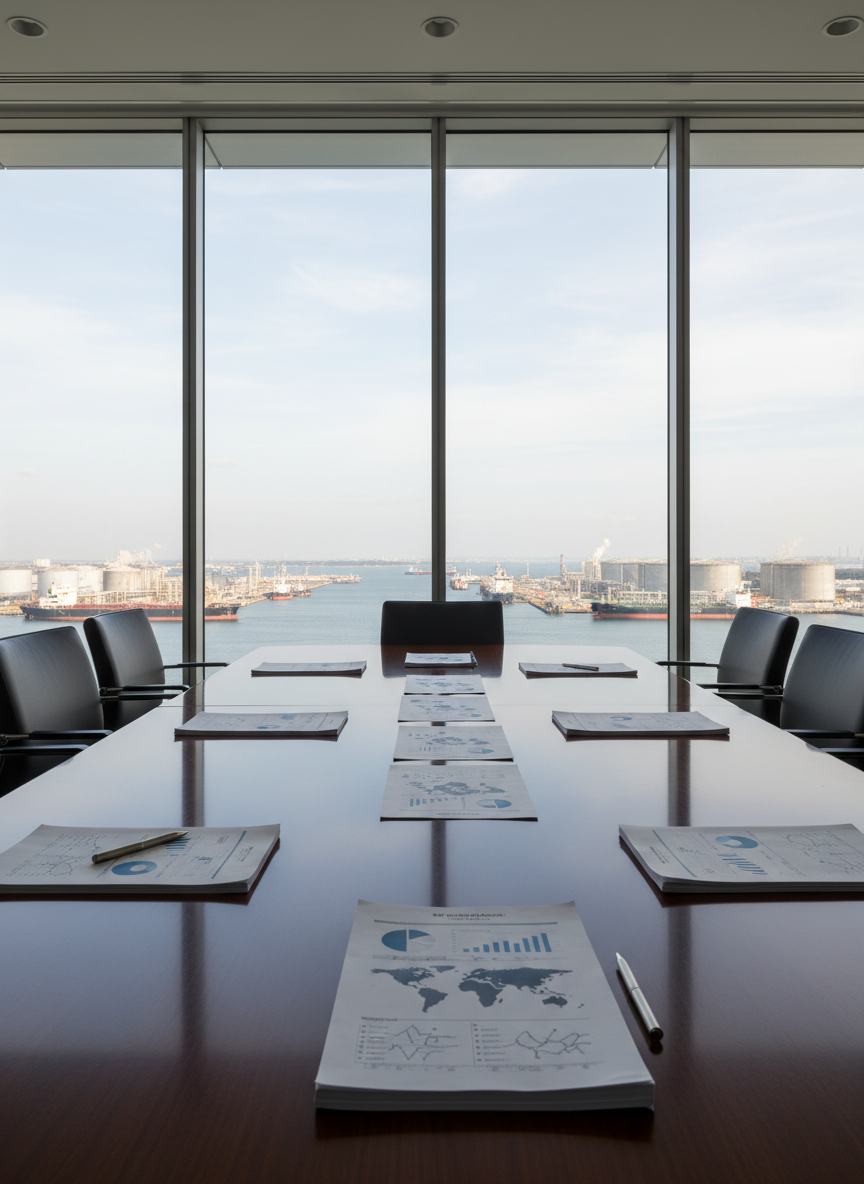 A wide, cinematic view of a sleek, glass-walled corporate boardroom overlooking a distant industrial port with tankers and fuel storage terminals. The foreground shows a polished dark wood conference table with neatly arranged, unbranded documents featuring clean charts and world maps, along with a single brushed-metal pen. Soft, diffused daylight enters through floor-to-ceiling windows, creating crisp reflections on the table’s surface and subtle shadows along the edges. The atmosphere is calm, analytical, and authoritative. Shot at eye level with sharp focus throughout, using a symmetrical composition that emphasizes order and professionalism. Photographic realism with a clean, modern aesthetic that conveys institutional-grade credibility and international energy trade without any human presence.