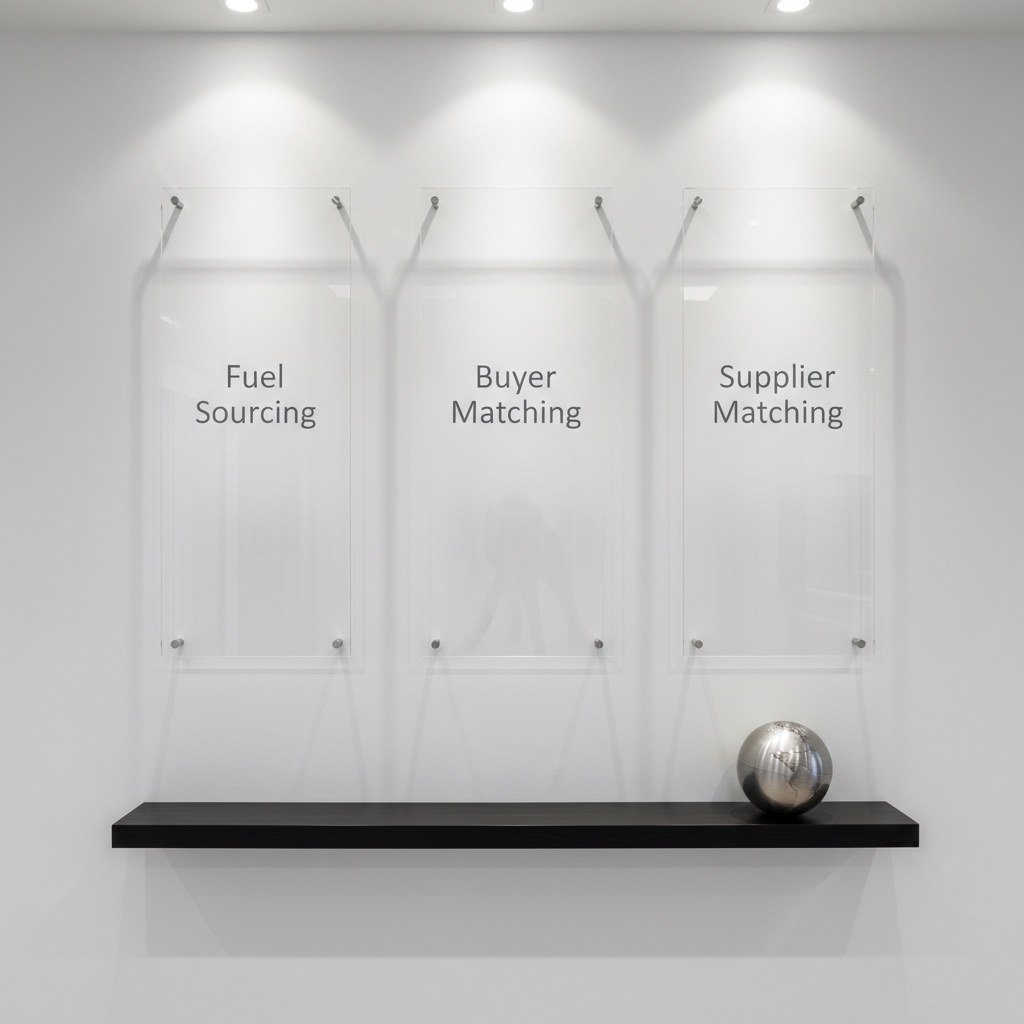A polished, minimalist arrangement of three vertical acrylic panels on a matte white wall, each etched with a single word: “Fuel Sourcing,” “Buyer Matching,” and “Supplier Matching,” in understated sans-serif lettering. Beneath the panels, a slim, floating dark wood ledge holds a single brushed metal globe sculpture, symbolizing global trade. Soft, indirect ambient lighting from a concealed upper LED strip casts gentle downward gradients and faint shadows, giving depth to the engravings. The mood is composed, clear, and authoritative. Shot straight-on at eye level with sharp focus and generous negative space around the elements. Photographic realism with a corporate, institutional aesthetic, ideal as a conceptual visual for the services section of an energy brokerage website, without any human presence.