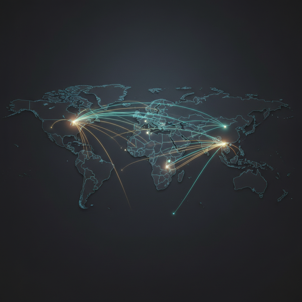A clean, visual representation of a fuel sourcing and logistics network depicted as illuminated, glowing lines connecting major nodes on a dark, textured world map surface. Lines converge from multiple regions toward highlighted hubs in East Africa, Southern Africa, and Europe, symbolizing coordinated supply routes. The map rests on a deep charcoal background, with subtle topographic details and understated country borders. Soft, directional studio lighting from above creates gentle reflections on the glowing routes, enhancing a sense of depth. The mood is strategic and forward-looking. Captured from a high, slightly tilted angle, with sharp focus and balanced composition. Photographic realism blended with a sophisticated, data-driven aesthetic that communicates complex logistics, coordination, and international brokerage expertise.