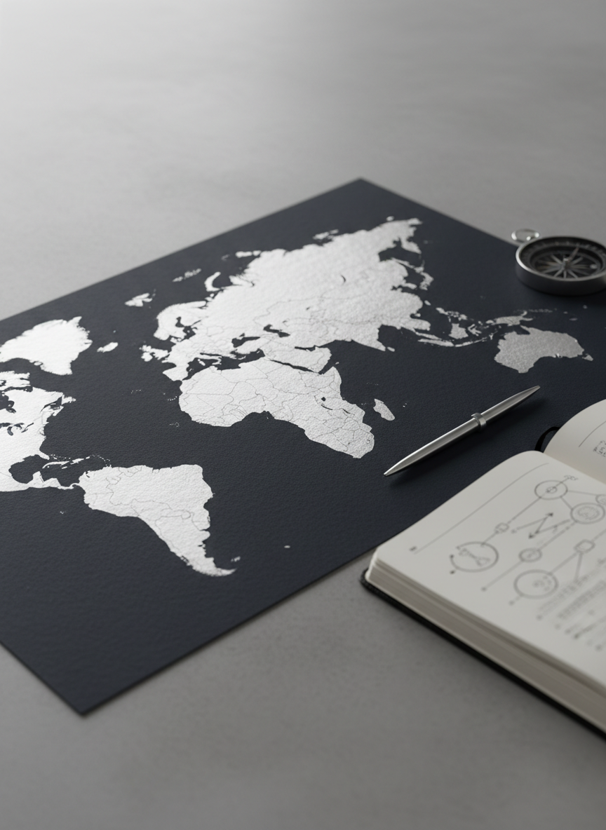 A detailed close-up of a minimalist, dark navy world map printed on textured matte paper, laid flat on a smooth concrete desk. Select regions—East Africa, Southern Africa, and Europe—are subtly highlighted with a refined metallic silver overlay, suggesting strategic markets. Beside the map rests a slim, brushed stainless steel compass and an elegant, unbranded black notebook, partially open to pages of clean, abstract trade diagrams. Soft overhead studio lighting creates gentle gradients and faint shadows, emphasizing texture and precision. Captured from a slightly elevated angle with a shallow depth of field, bringing the highlighted regions into crisp focus while the edges gently blur. Photographic realism with a restrained, institutional aesthetic that communicates global reach and market expertise.