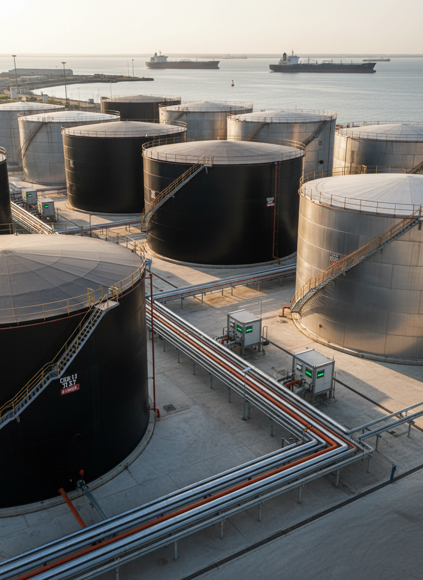 An orderly array of matte black and stainless steel fuel storage tanks at an international terminal, viewed from a slightly elevated perspective. Each cylindrical tank features clean, unbranded surfaces with precise safety markings, surrounded by neatly arranged pipelines and monitoring equipment. In the background, a calm harbor with anchored tankers extends to the horizon. Late afternoon natural light casts long, defined shadows and gentle highlights across the metal surfaces, enhancing their industrial texture. The mood is composed and reliable, suggesting meticulous logistics and stable supply. The composition follows the rule of thirds, with strong leading lines created by pipelines guiding the eye through the scene. Photographic realism with a modern, professional tone that reinforces expertise in fuel sourcing and distribution.