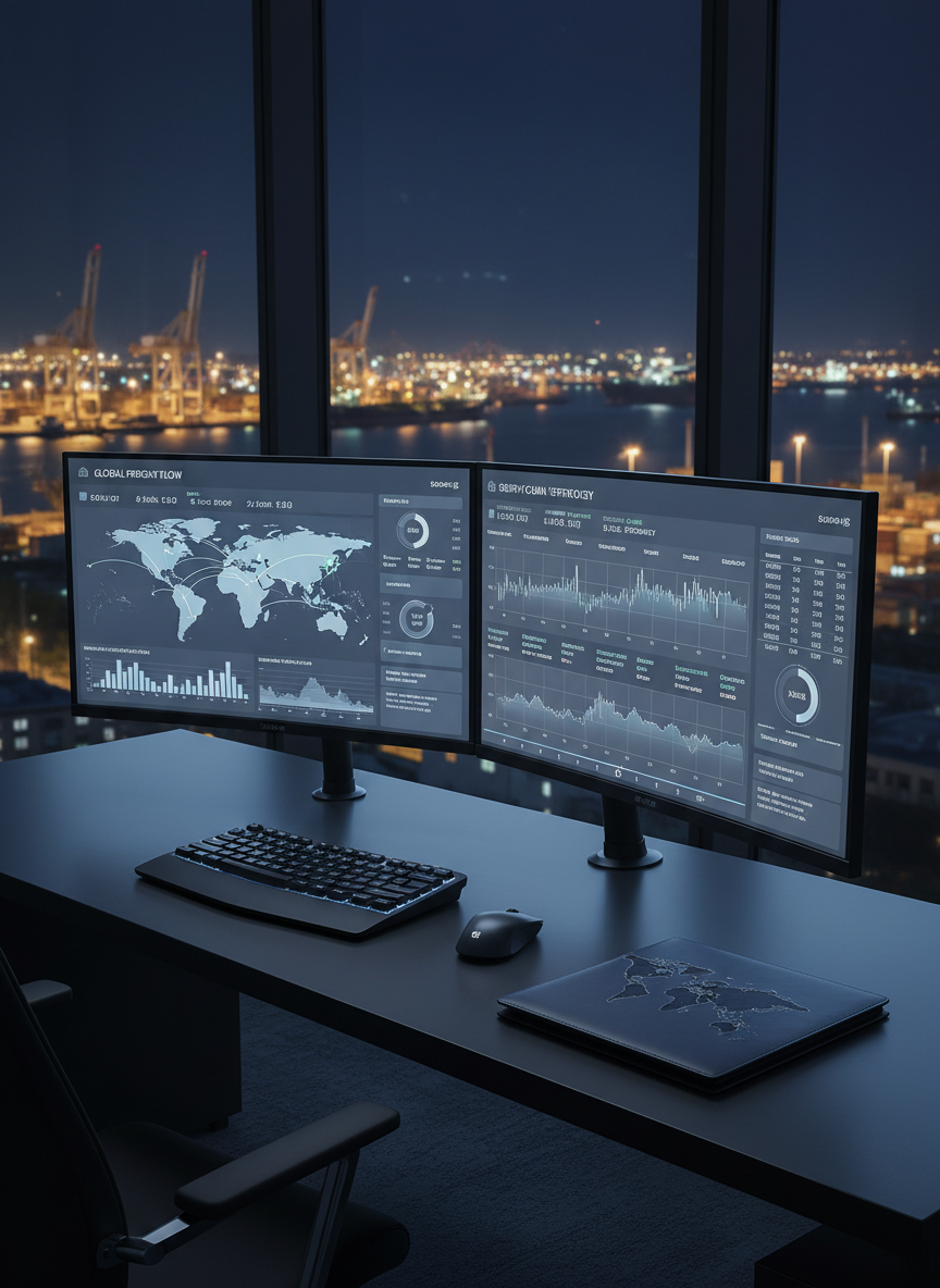 A modern, dual-monitor trading workstation displaying stylized, unbranded dashboards of fuel prices, shipping routes, and supply chain metrics in muted blues and grays. The monitors sit on a clean, dark matte desk with a low-profile keyboard and a single closed, navy-blue folder embossed with a subtle world map pattern. The background reveals a panoramic night view of a harbor city through large windows, with softly glowing port lights and silhouettes of tankers. Cool, low-intensity ambient lighting from the screens casts a soft glow on the desk, creating a focused, analytical mood. Shot from a three-quarter angle with moderate depth of field, emphasizing the screens while keeping the harbor scene recognizable. Photographic realism with a high-tech yet restrained aesthetic that conveys real-time market intelligence and logistical oversight.