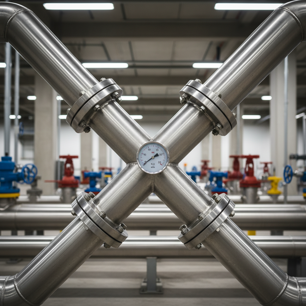 A high-resolution macro shot of intersecting stainless steel pipelines in a large fuel distribution facility, their surfaces smooth and slightly reflective, with precision-engineered joints and pressure gauges. The background shows softly blurred, color-coded valves and clean structural supports in neutral tones, emphasizing order and safety. Bright but diffused industrial lighting from overhead creates clear highlights along the pipe contours and subtle shadows beneath, revealing fine texture and craftsmanship. The image is composed at a diagonal angle, with the main pipeline intersection crossing the frame and creating dynamic leading lines. Shallow depth of field isolates the intersection as the technical focal point. Photographic realism with a modern, industrial aesthetic that conveys reliability, infrastructure strength, and meticulous operational control.