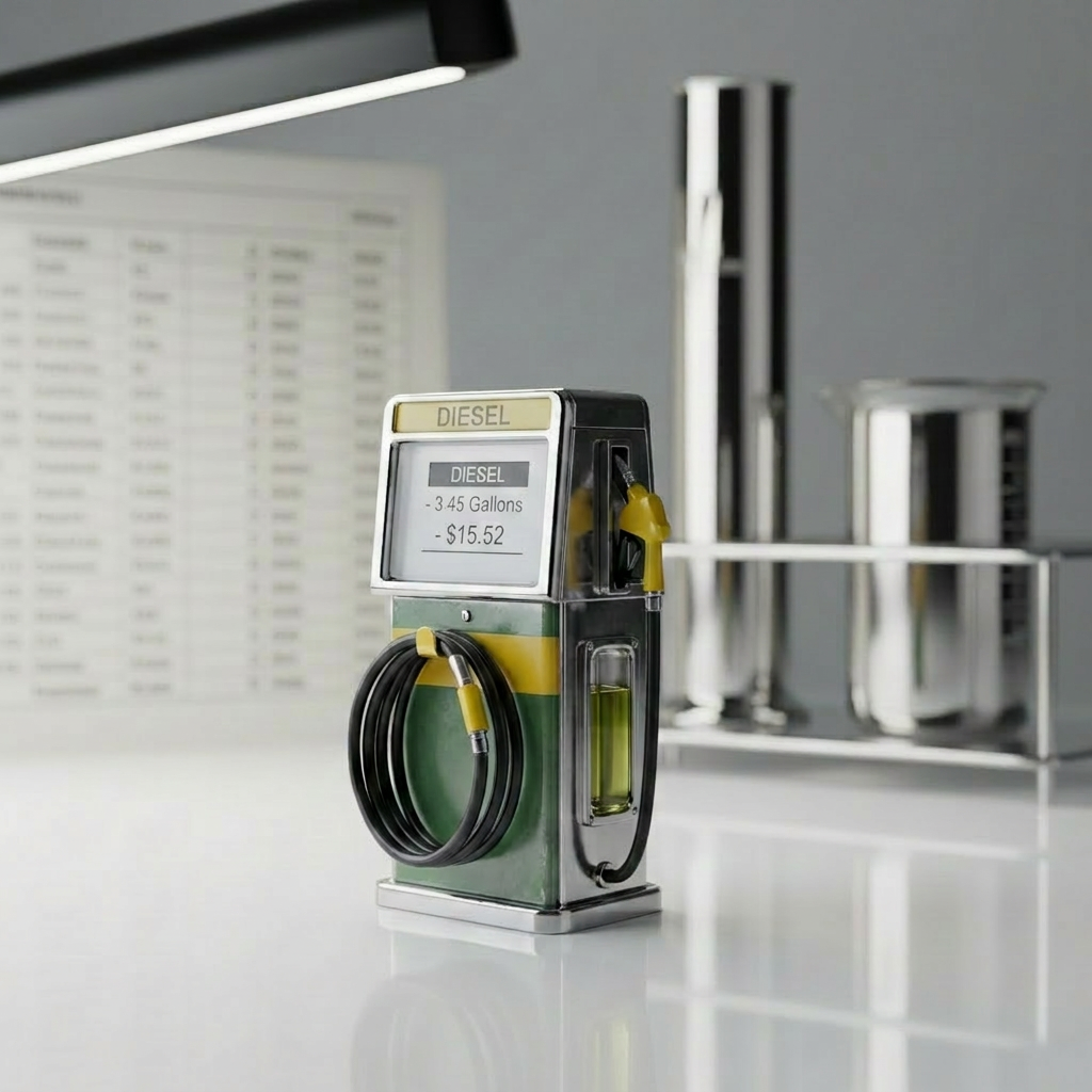 A refined product spotlight of a transparent, laboratory-grade glass sample bottle filled with clear, pale straw-colored diesel (EN590), placed on a glossy white surface. Behind it, softly blurred, stand stainless steel lab instruments and a neutral-toned technical chart on fuel specifications, hinting at rigorous quality control. Cool, balanced studio lighting from above and slightly to the side creates crisp reflections on the glass, emphasizing purity and clarity of the fuel. The atmosphere is clinical, precise, and trustworthy. Captured in close-up with a shallow depth of field, the bottle is centered and sharply focused, while the background gently recedes into soft bokeh. Photographic realism with a minimalist, institutional-grade aesthetic that underscores reliability and product quality without any branding or people.