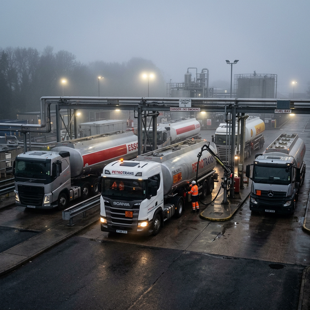 Multiple fuel tanker trucks at an industrial loading station with worker in high-visibility clothing